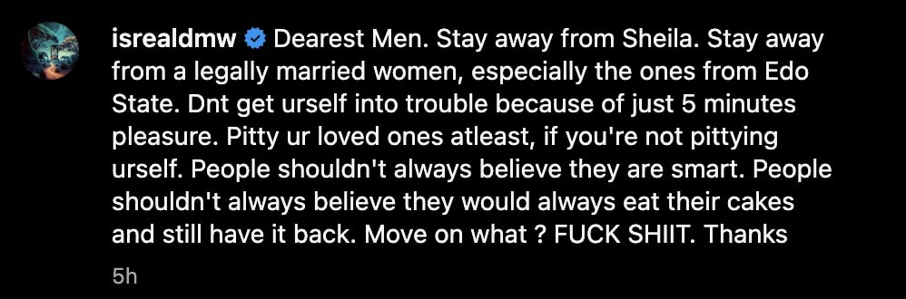 "Stay away from Sheila" - Isreal DMW warns, vows not to move on from ex-wife